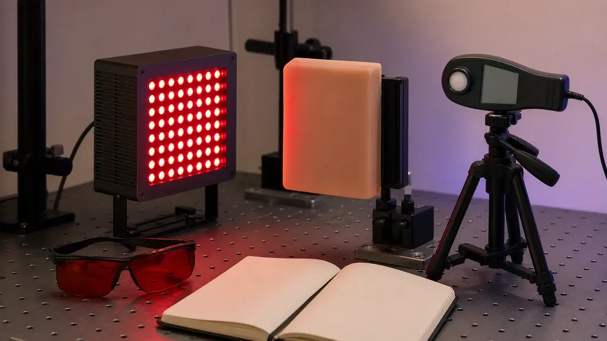 Rødt LED-panel målt med sensor foran en testblok på et neutralt laboratoriebord